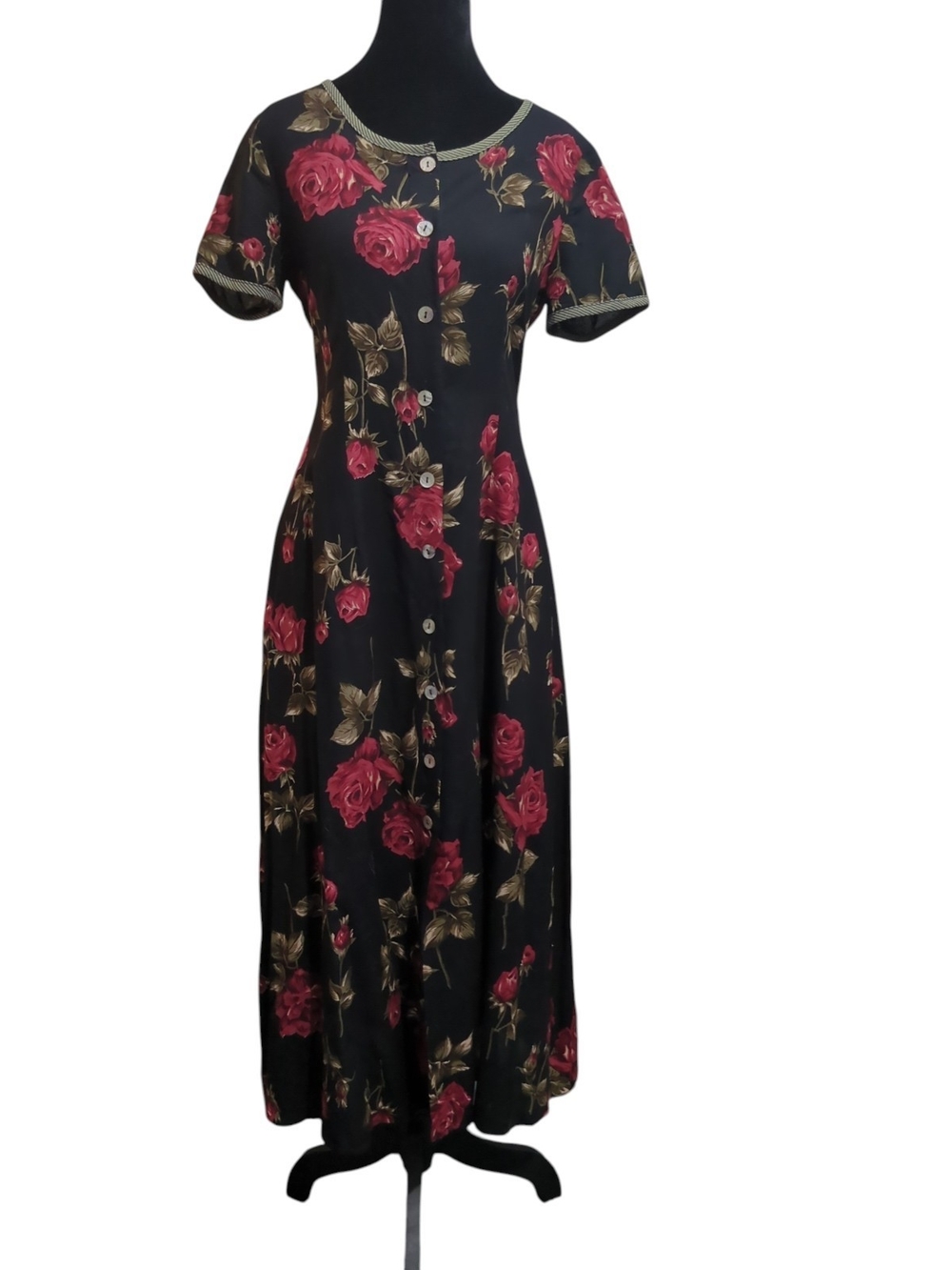 Black Floral Button-Front Maxi Dress with Red Rose Print